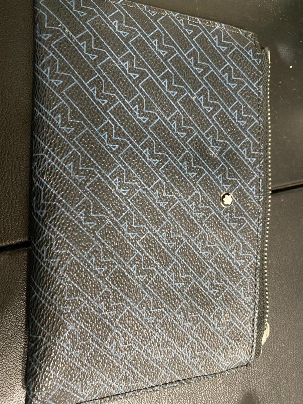Mont Blanc Black Toiletry Pouch with Blue Geometric Stitching